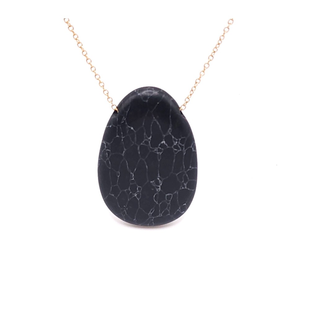 Black Agate Teardrop Pendant Necklace Gold Tone Statement‎ Adjustable